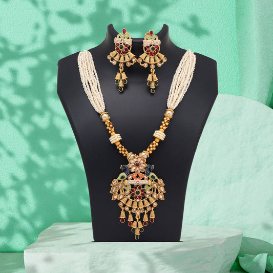 Multi Color Matte Gold Rajwadi Temple Necklace Set (TPLN677MLT) - Preyans.com