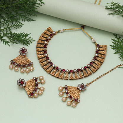 Rani Color Matte Gold Rajwadi Temple Necklace Set (TPLN678RNI) - Preyans.com