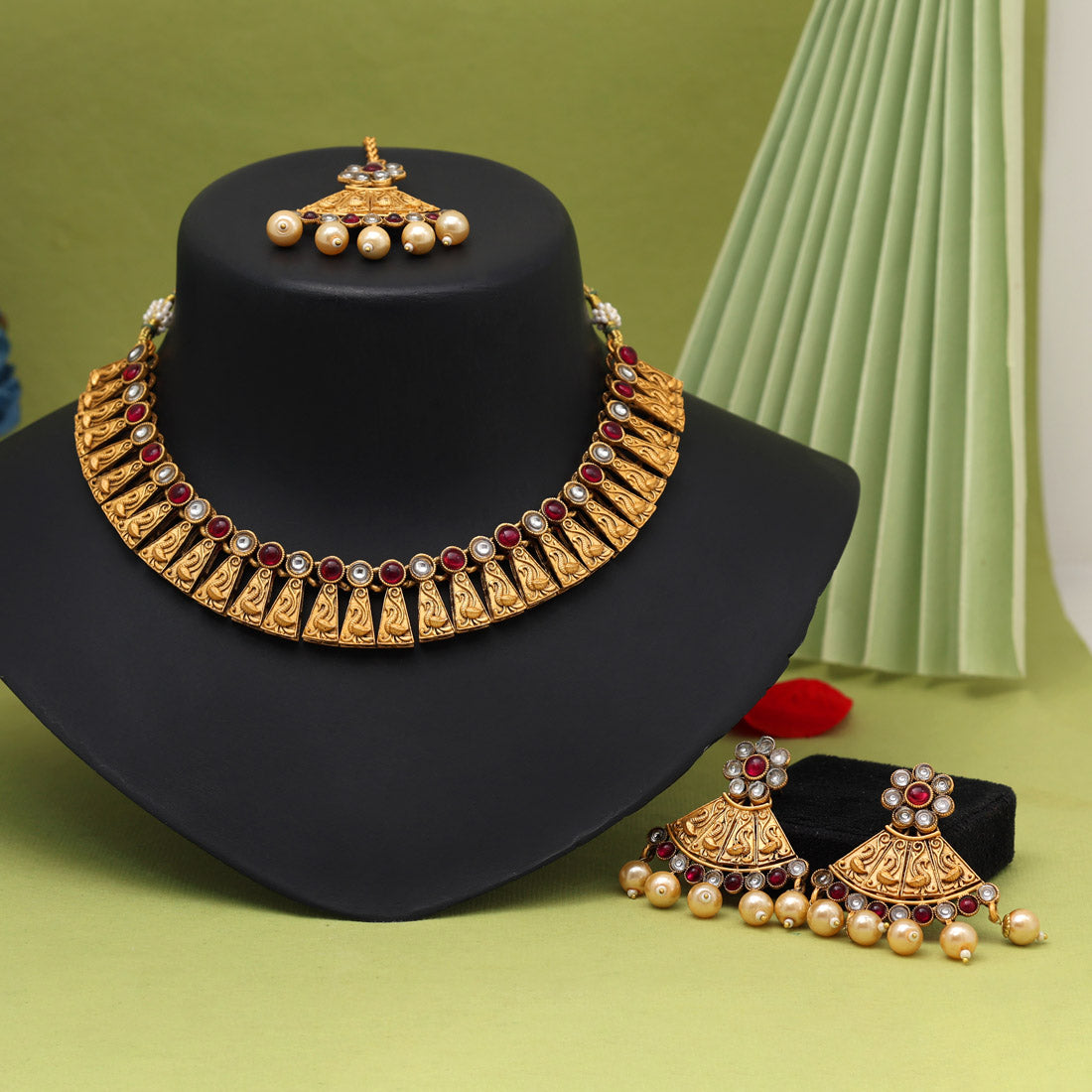 Rani Color Matte Gold Rajwadi Temple Necklace Set (TPLN678RNI) - Preyans.com