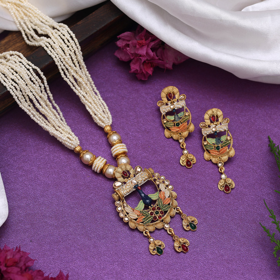 Multi Color Matte Gold Rajwadi Temple Necklace Set (TPLN679MLT) - Preyans.com