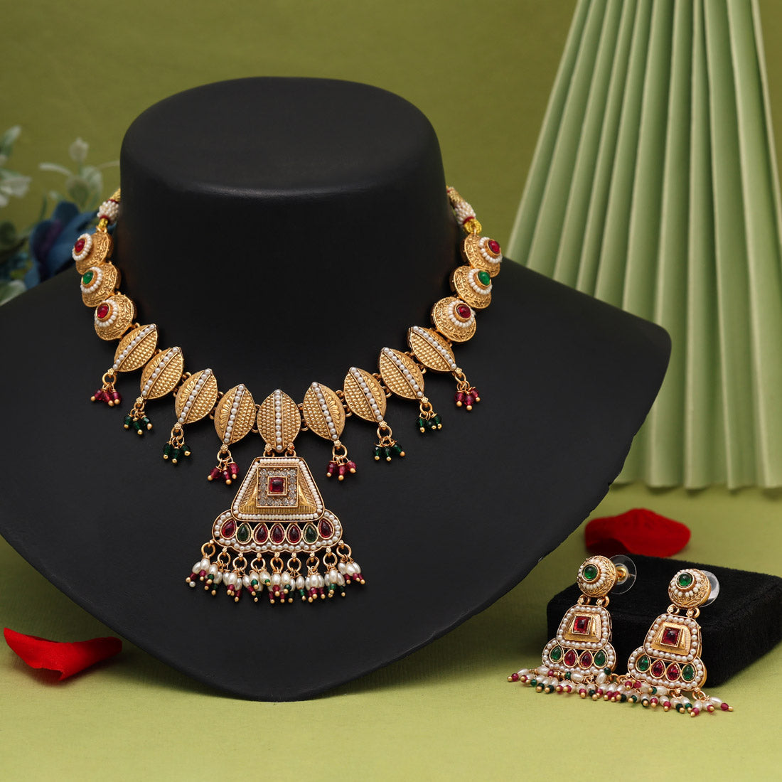 Rani & Green Color Matte Gold Rajwadi Temple Necklace Set (TPLN682RNIGRN) - Preyans.com