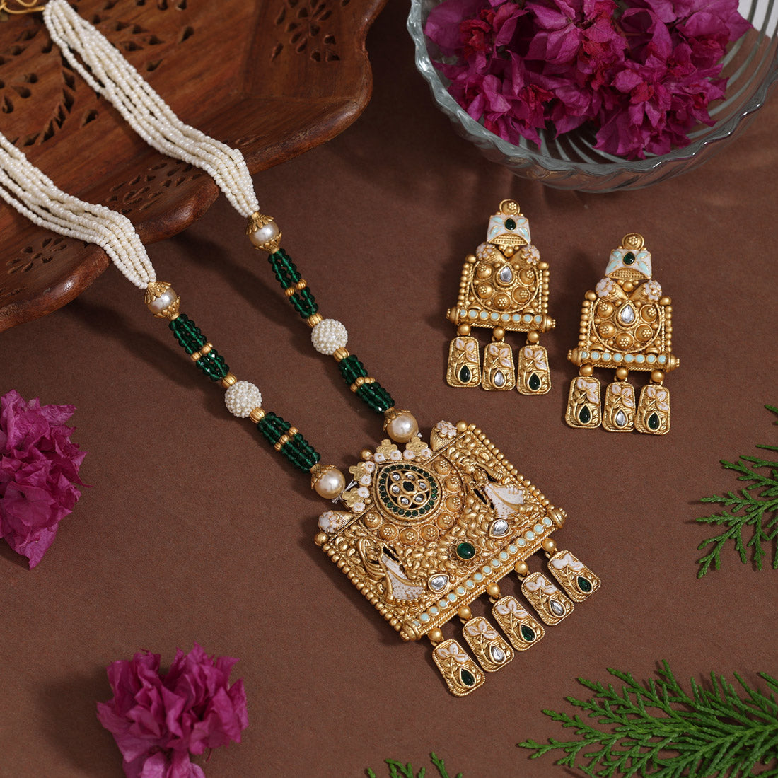 Green Color Matte Gold Rajwadi Temple Necklace Set (TPLN683GRN) - Preyans.com