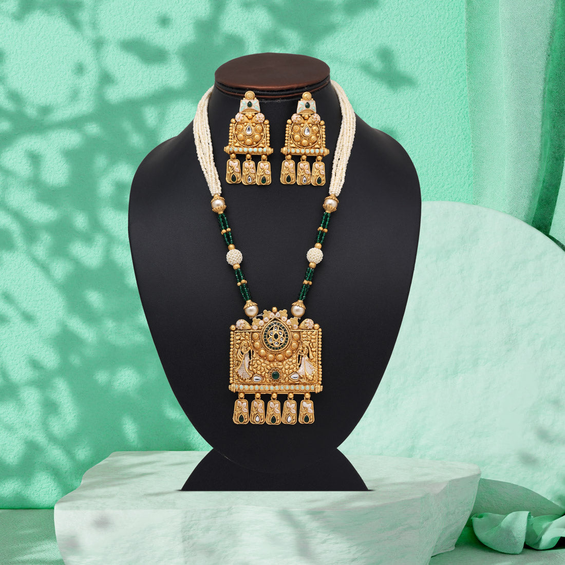 Green Color Matte Gold Rajwadi Temple Necklace Set (TPLN683GRN) - Preyans.com