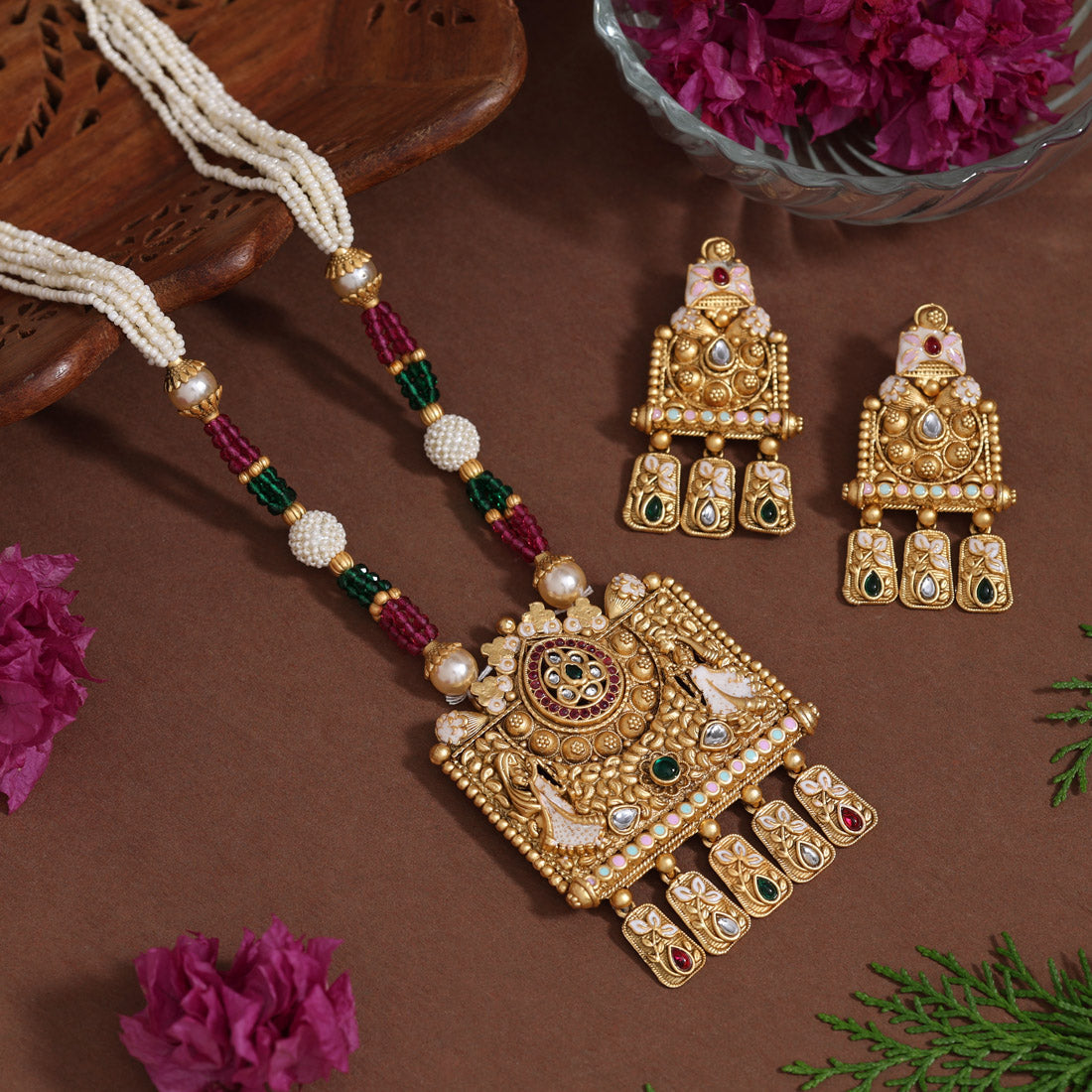 Multi Color Matte Gold Rajwadi Temple Necklace Set (TPLN683MLT) - Preyans.com