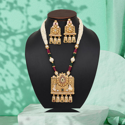 Multi Color Matte Gold Rajwadi Temple Necklace Set (TPLN683MLT) - Preyans.com