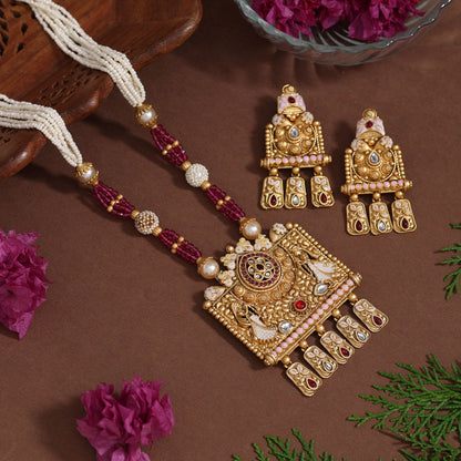 Rani Color Matte Gold Rajwadi Temple Necklace Set (TPLN683RNI) - Preyans.com