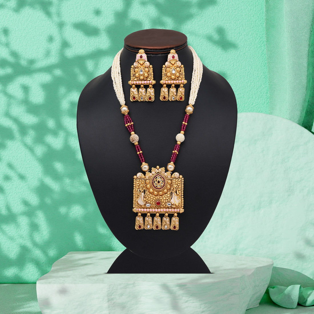 Rani Color Matte Gold Rajwadi Temple Necklace Set (TPLN683RNI) - Preyans.com