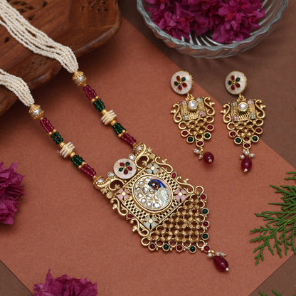 Rani & Green Color Matte Gold Rajwadi Temple Necklace Set (TPLN684RNIGRN) - Preyans.com