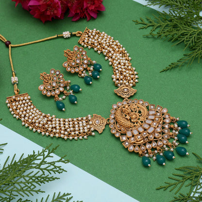 Green Color Matte Gold Rajwadi Temple Necklace Set (TPLN686GRN) - Preyans.com