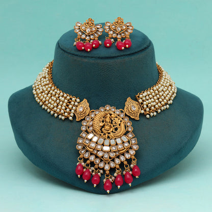 Rani Color Matte Gold Rajwadi Temple Necklace Set (TPLN686RNI) - Preyans.com