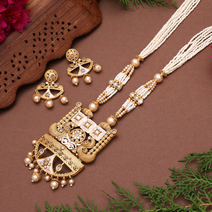 Gold Color Meena Work Matte Gold Rajwadi Temple Necklace Set (TPLN687GLD) - Preyans.com