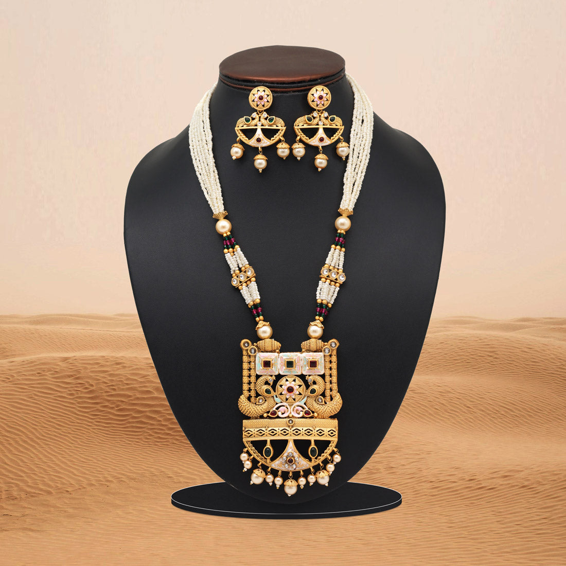 Rani & Green Color Meena Work Matte Gold Rajwadi Temple Necklace Set (TPLN687RNIGRN) - Preyans.com