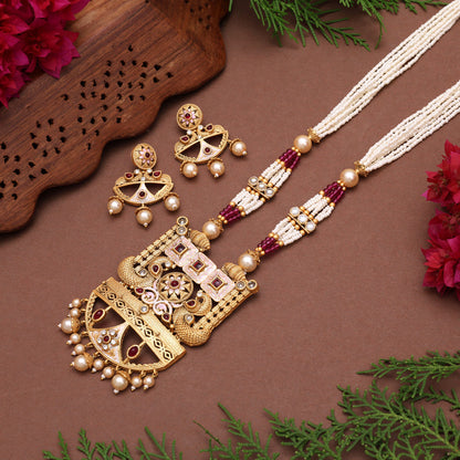 Rani Color Meena Work Matte Gold Rajwadi Temple Necklace Set (TPLN687RNI) - Preyans.com