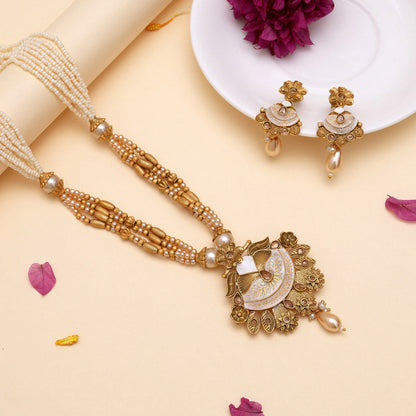 Gold Color Meena Work Matte Gold Rajwadi Temple Necklace Set (TPLN688GLD) - Preyans.com