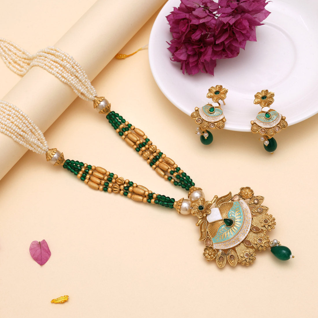 Green Color Meena Work Matte Gold Rajwadi Temple Necklace Set (TPLN688GRN) - Preyans.com