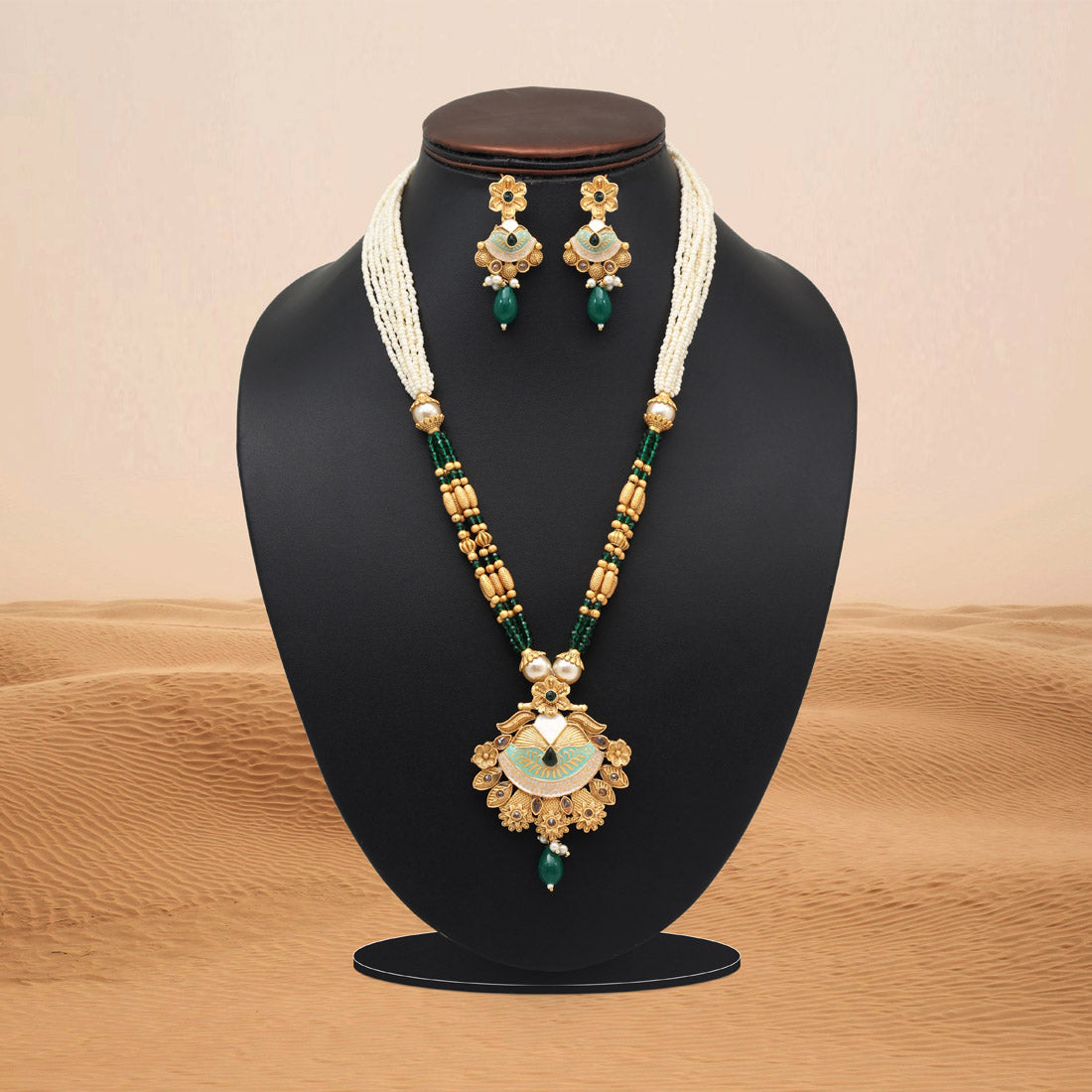 Green Color Meena Work Matte Gold Rajwadi Temple Necklace Set (TPLN688GRN) - Preyans.com