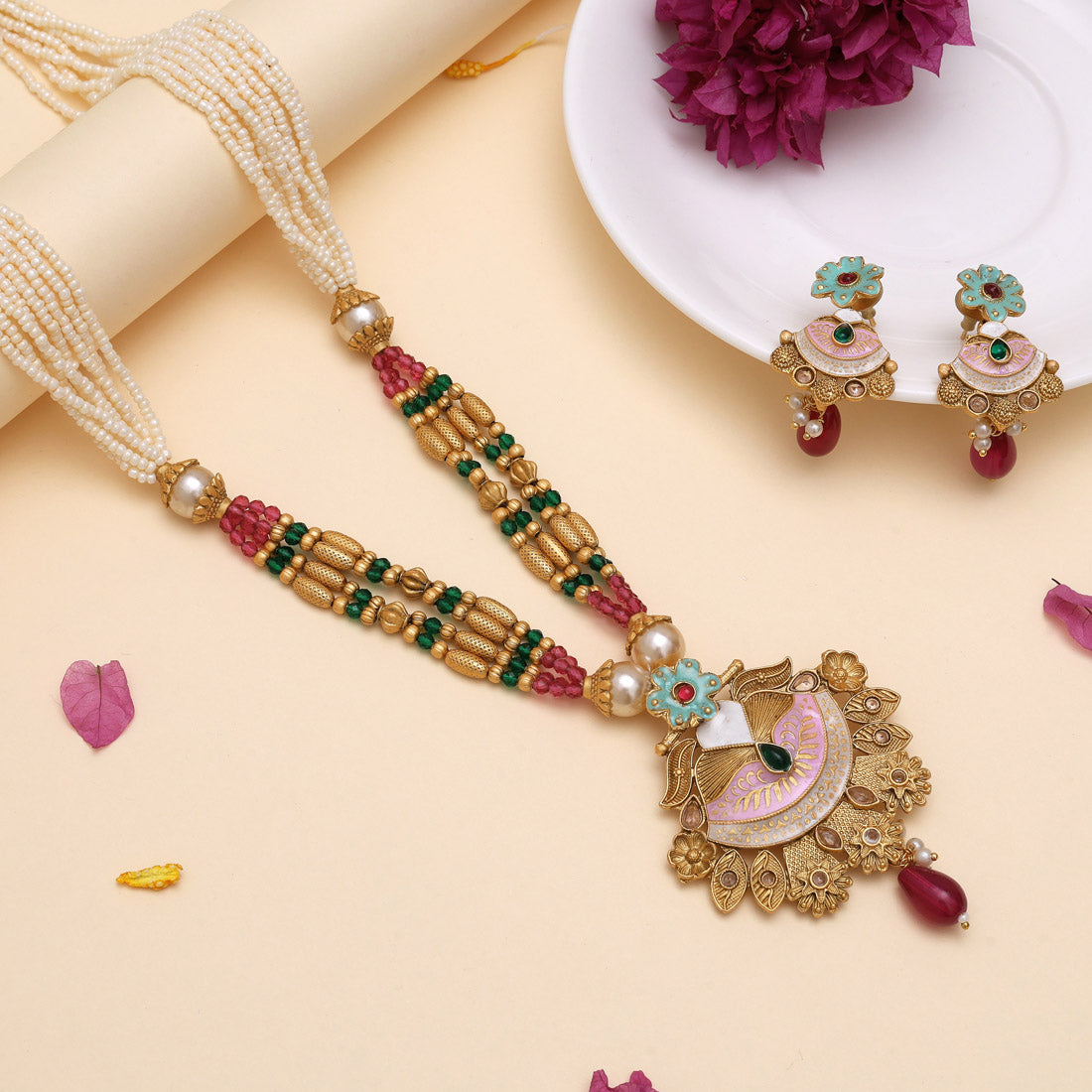 Rani & Green Color Meena Work Matte Gold Rajwadi Temple Necklace Set (TPLN688RNIGRN) - Preyans.com