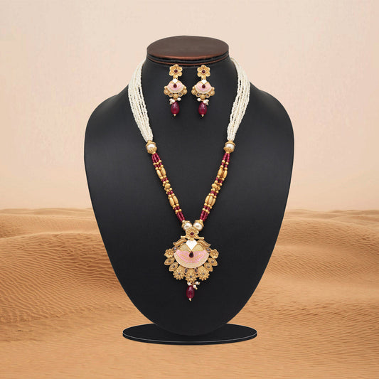 Rani Color Meena Work Matte Gold Rajwadi Temple Necklace Set (TPLN688RNI) - Preyans.com