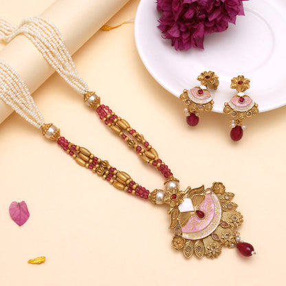 Rani Color Meena Work Matte Gold Rajwadi Temple Necklace Set (TPLN688RNI) - Preyans.com