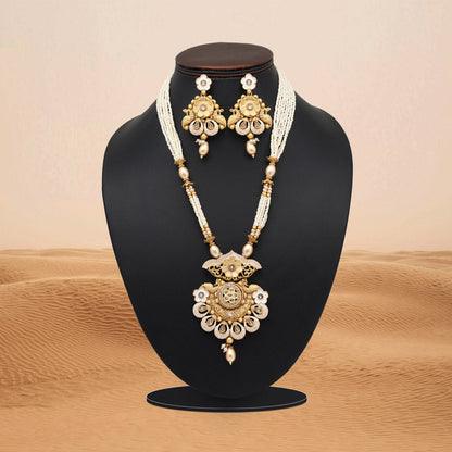 Gold Color Meena Work Matte Gold Rajwadi Temple Necklace Set (TPLN689GLD) - Preyans.com