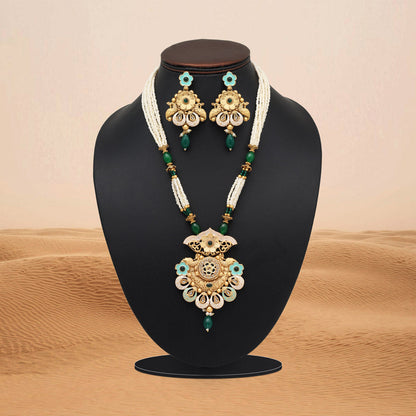 Green Color Meena Work Matte Gold Rajwadi Temple Necklace Set (TPLN689GRN) - Preyans.com