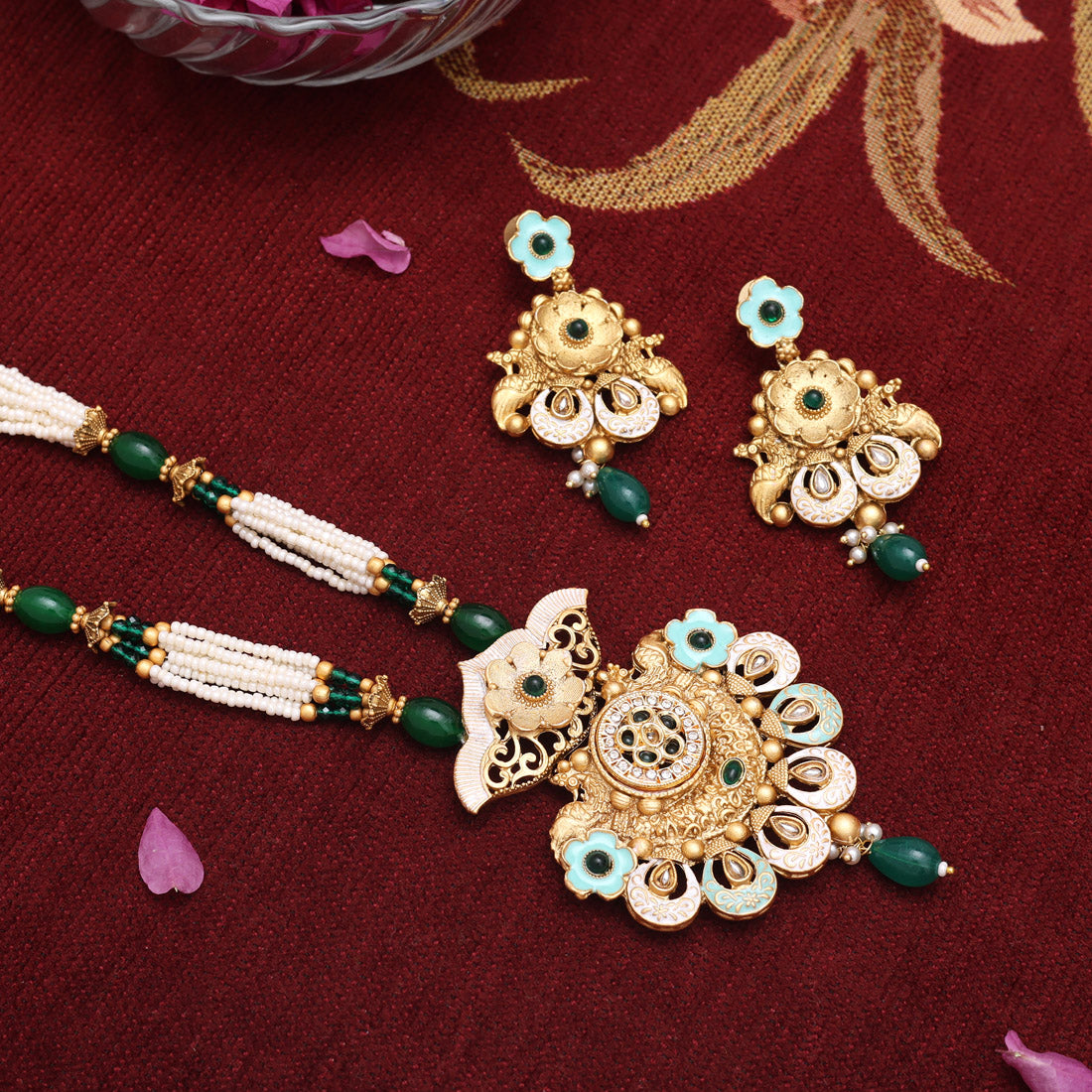 Green Color Meena Work Matte Gold Rajwadi Temple Necklace Set (TPLN689GRN) - Preyans.com