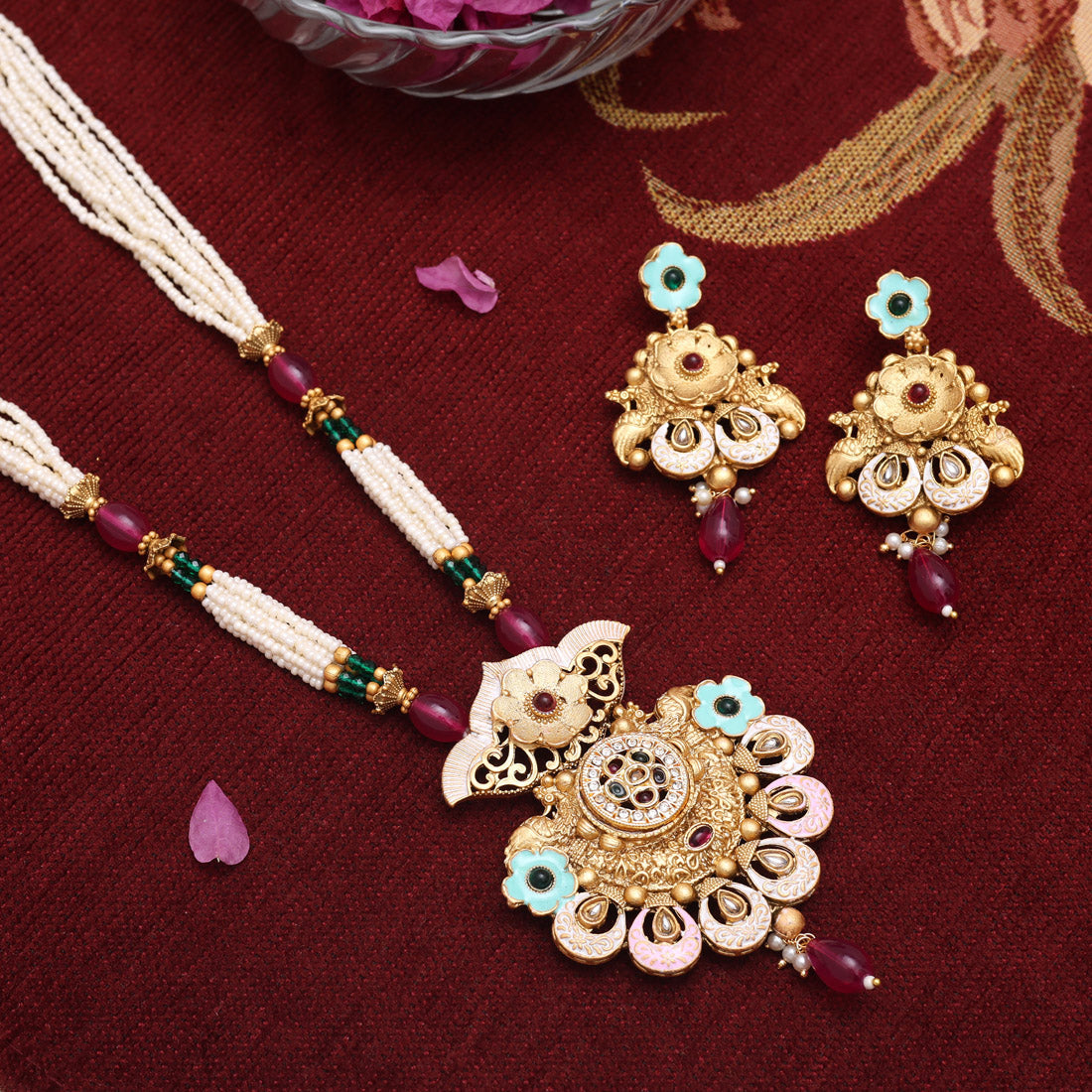 Multi Color Meena Work Matte Gold Rajwadi Temple Necklace Set (TPLN689MLT) - Preyans.com