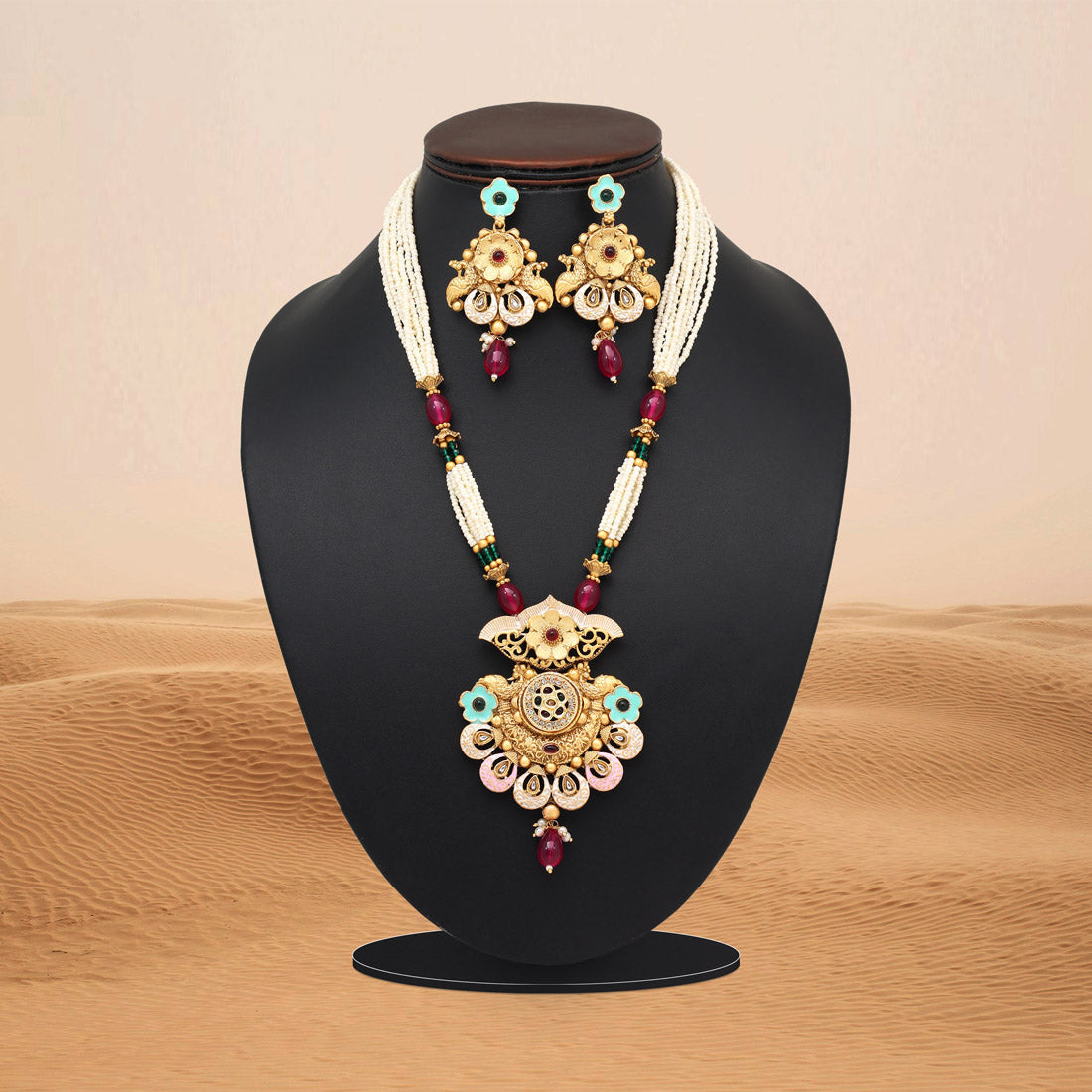 Multi Color Meena Work Matte Gold Rajwadi Temple Necklace Set (TPLN689MLT) - Preyans.com