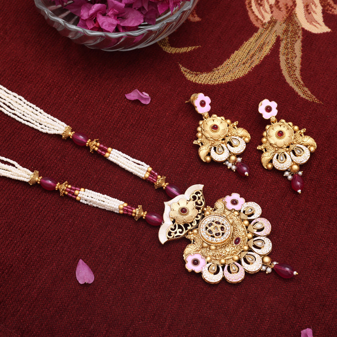 Rani Color Meena Work Matte Gold Rajwadi Temple Necklace Set (TPLN689RNI) - Preyans.com