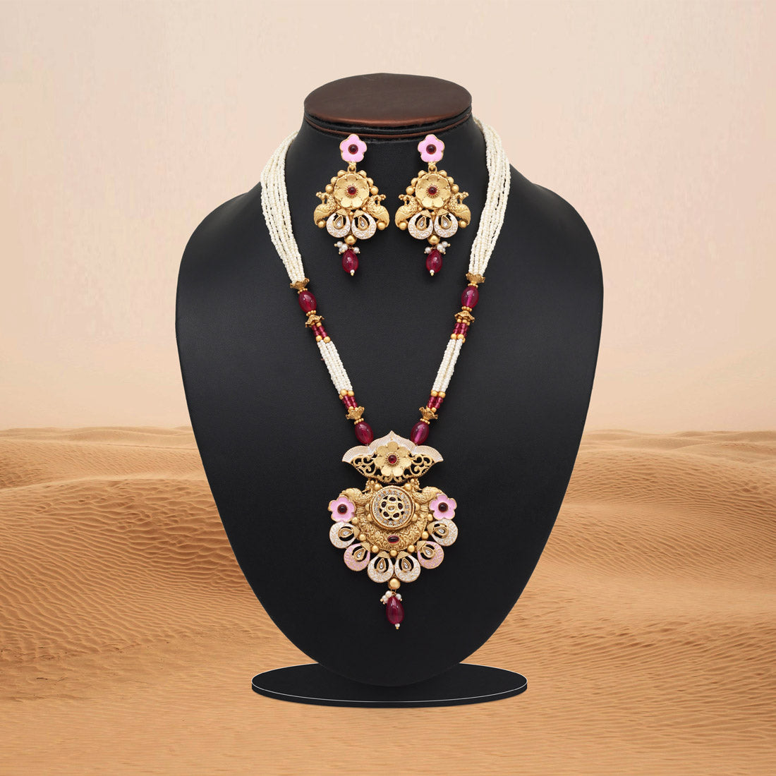 Rani Color Meena Work Matte Gold Rajwadi Temple Necklace Set (TPLN689RNI) - Preyans.com