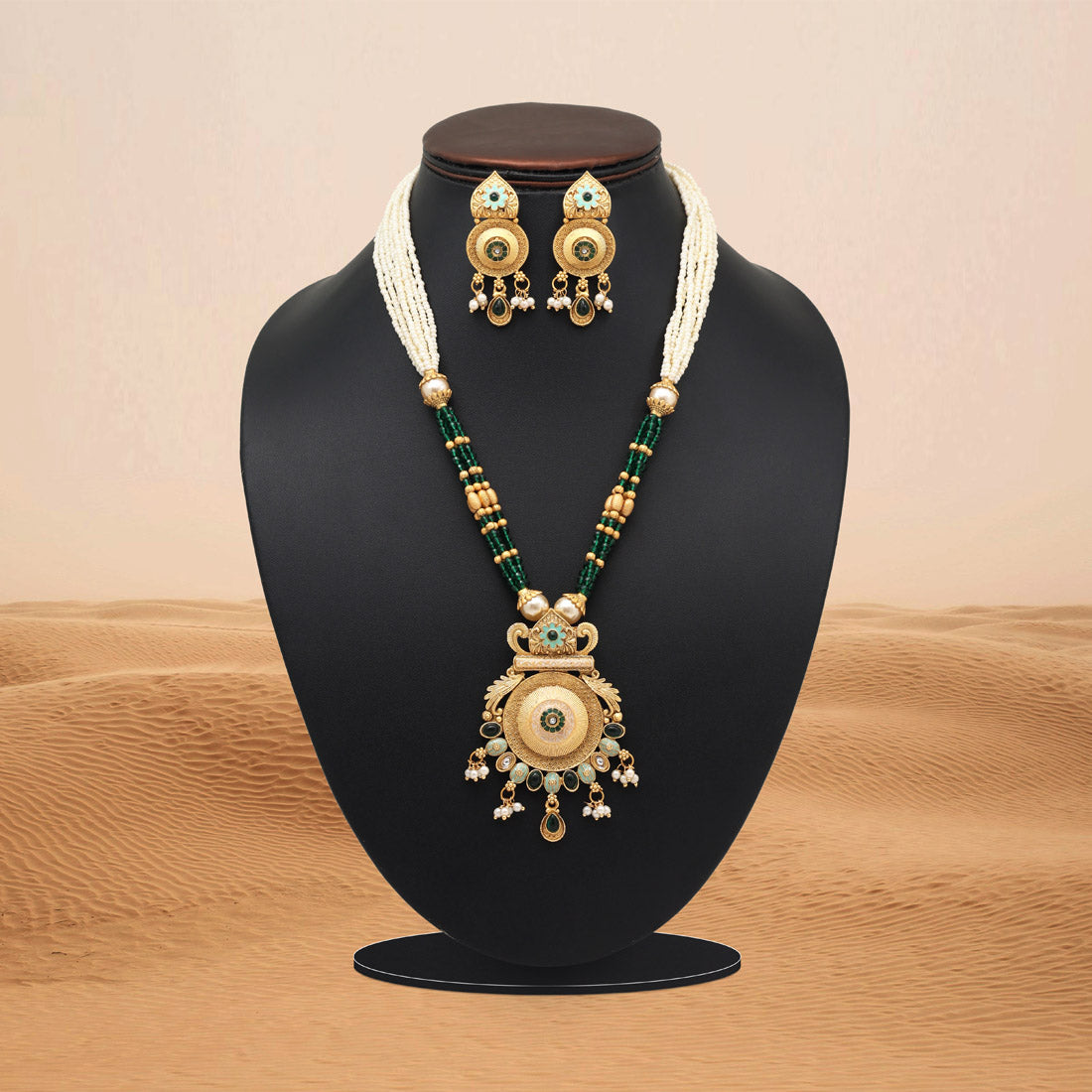 Green Color Meena Work Matte Gold Rajwadi Temple Necklace Set (TPLN690GRN) - Preyans.com