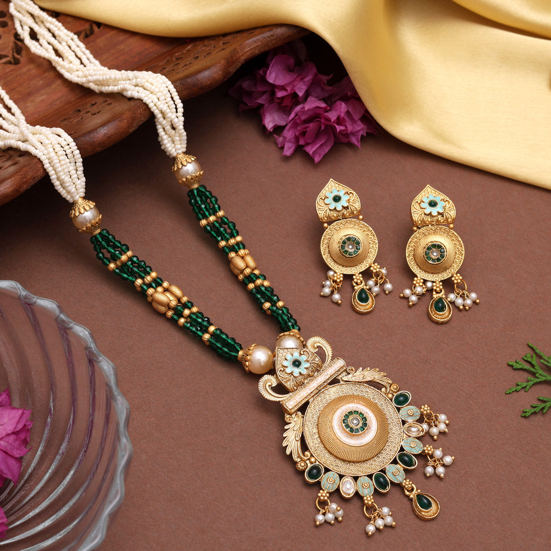 Green Color Meena Work Matte Gold Rajwadi Temple Necklace Set (TPLN690GRN) - Preyans.com