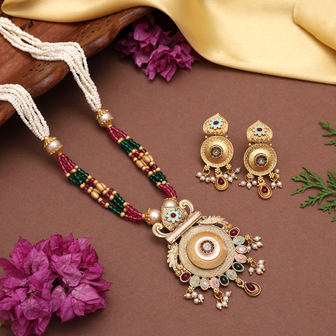 Rani & Green Color Meena Work Matte Gold Rajwadi Temple Necklace Set (TPLN690RNIGRN) - Preyans.com