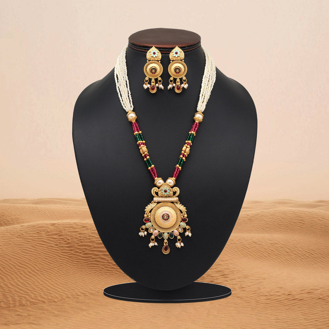 Rani & Green Color Meena Work Matte Gold Rajwadi Temple Necklace Set (TPLN690RNIGRN) - Preyans.com