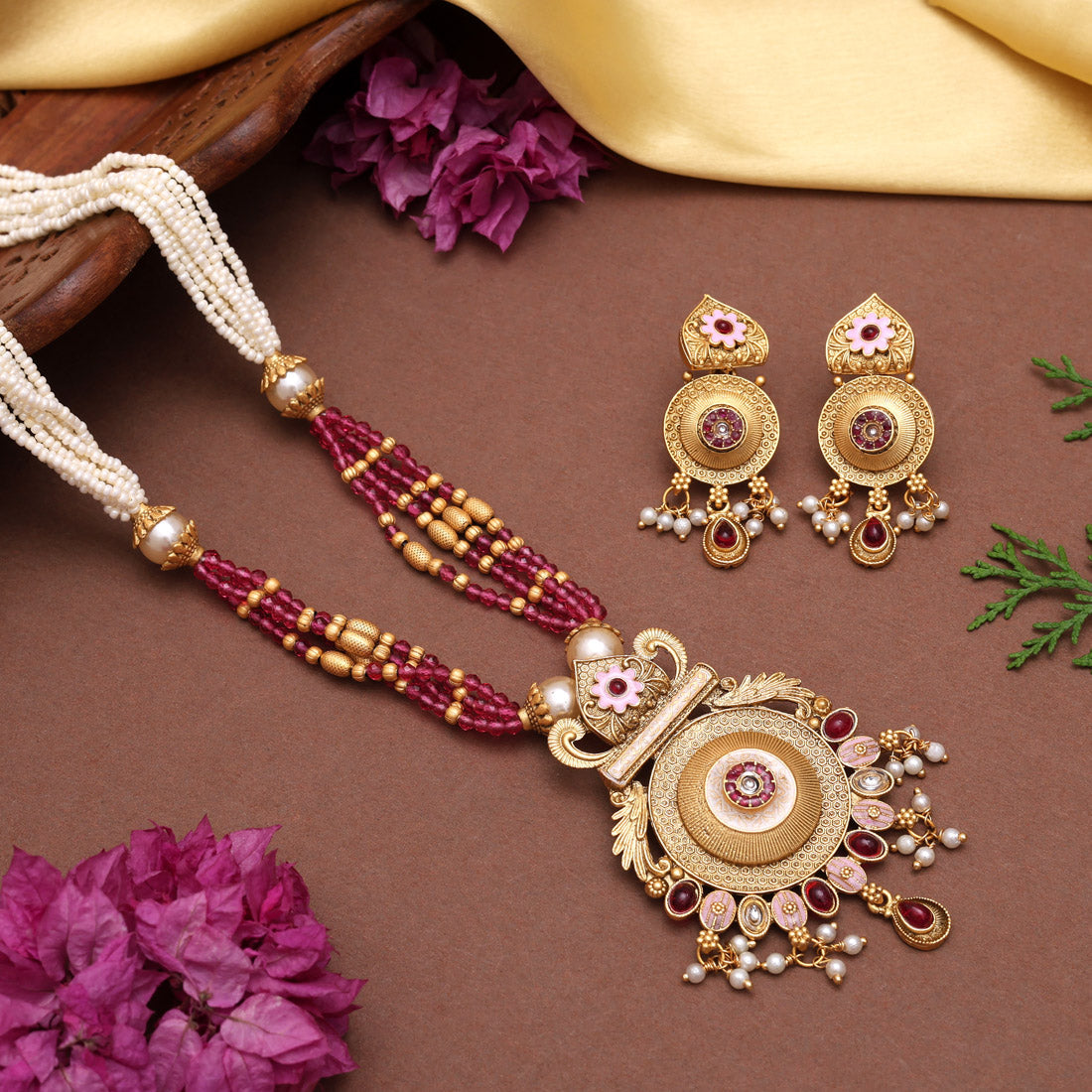 Rani Color Meena Work Matte Gold Rajwadi Temple Necklace Set (TPLN690RNI) - Preyans.com