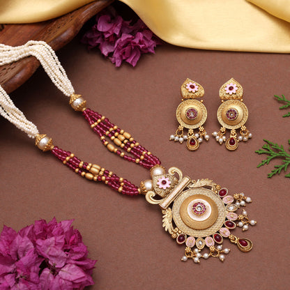 Rani Color Meena Work Matte Gold Rajwadi Temple Necklace Set (TPLN690RNI) - Preyans.com