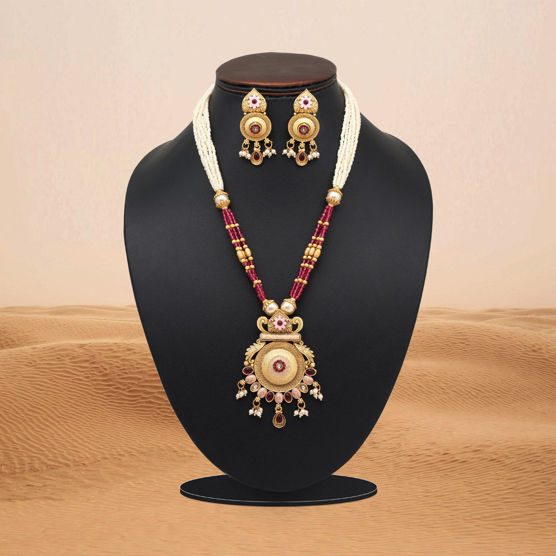 Rani Color Meena Work Matte Gold Rajwadi Temple Necklace Set (TPLN690RNI) - Preyans.com