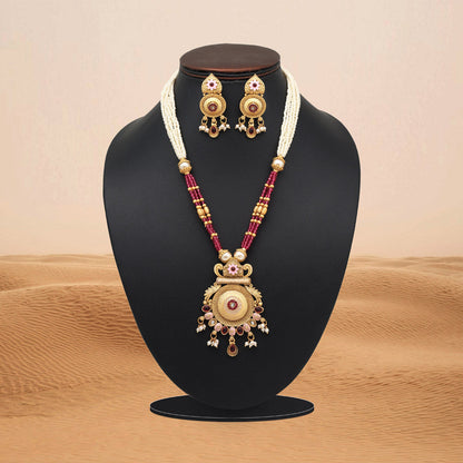 Rani Color Meena Work Matte Gold Rajwadi Temple Necklace Set (TPLN690RNI) - Preyans.com