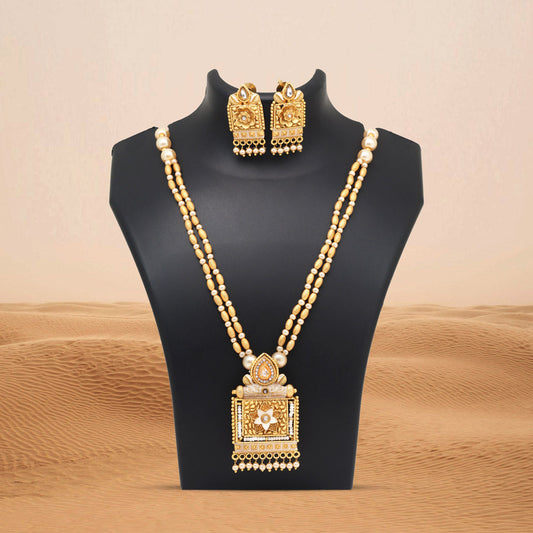 Gold Color Meena Work Matte Gold Rajwadi Temple Necklace Set (TPLN691GLD) - Preyans.com