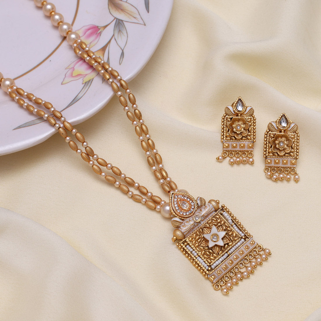 Gold Color Meena Work Matte Gold Rajwadi Temple Necklace Set (TPLN691GLD) - Preyans.com