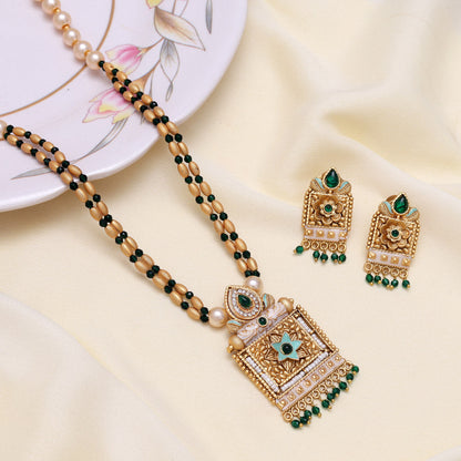 Green Color Meena Work Matte Gold Rajwadi Temple Necklace Set (TPLN691GRN) - Preyans.com