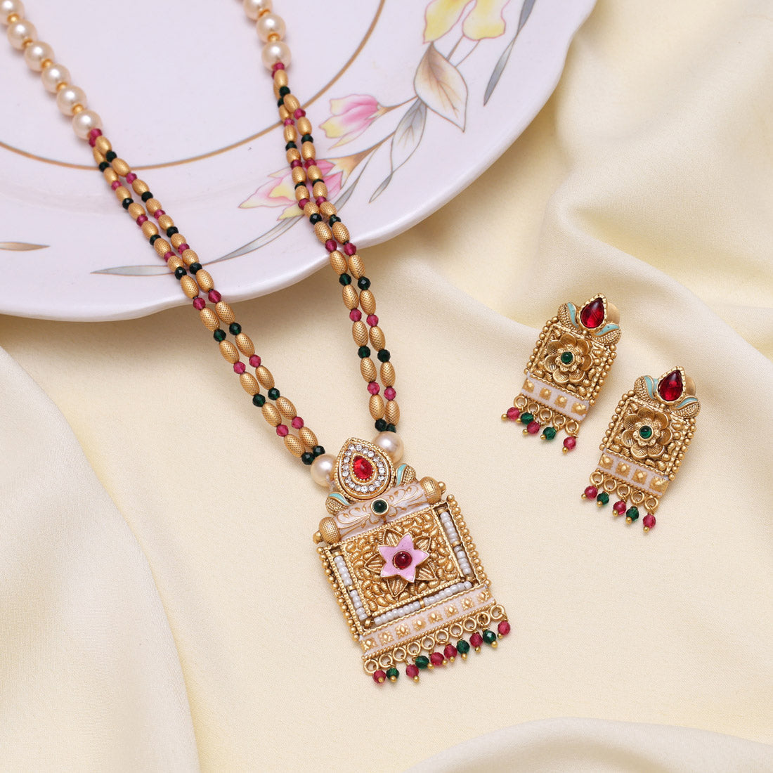 Multi Color Meena Work Matte Gold Rajwadi Temple Necklace Set (TPLN691MLT) - Preyans.com