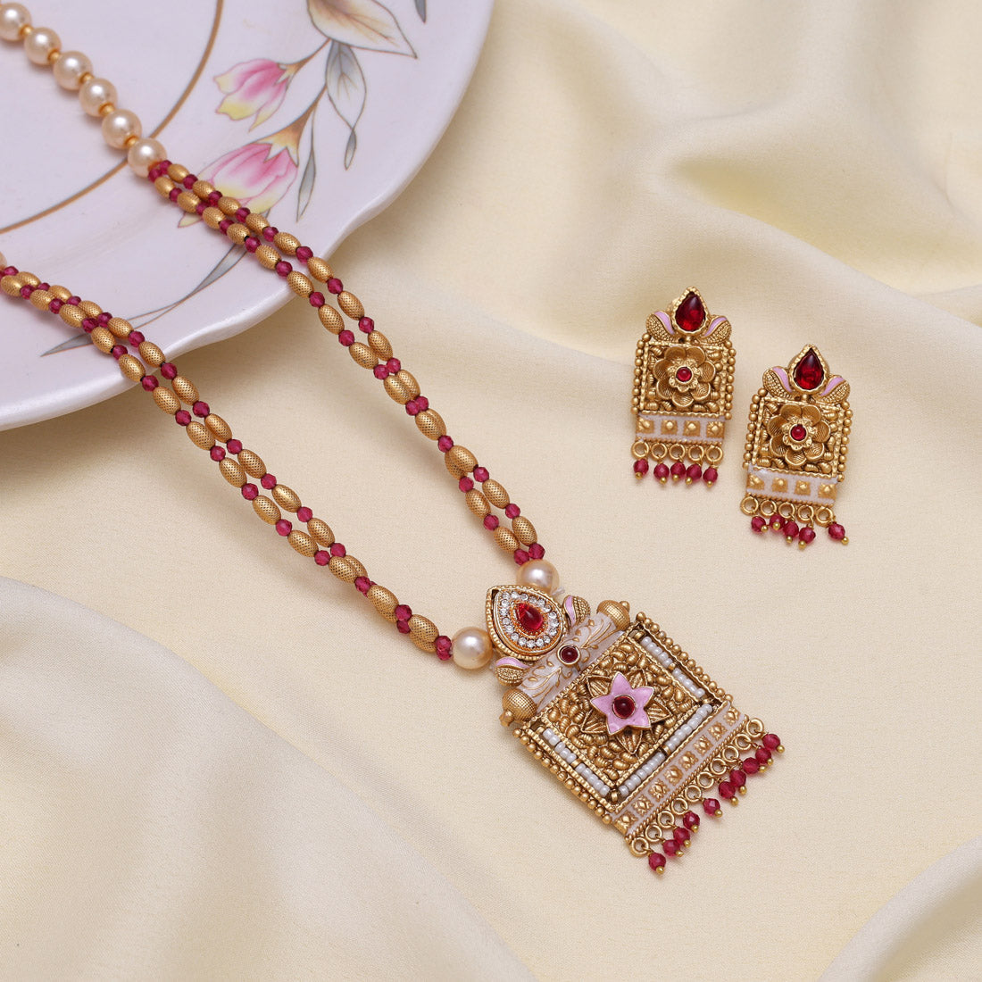 Rani Color Meena Work Matte Gold Rajwadi Temple Necklace Set (TPLN691RNI) - Preyans.com