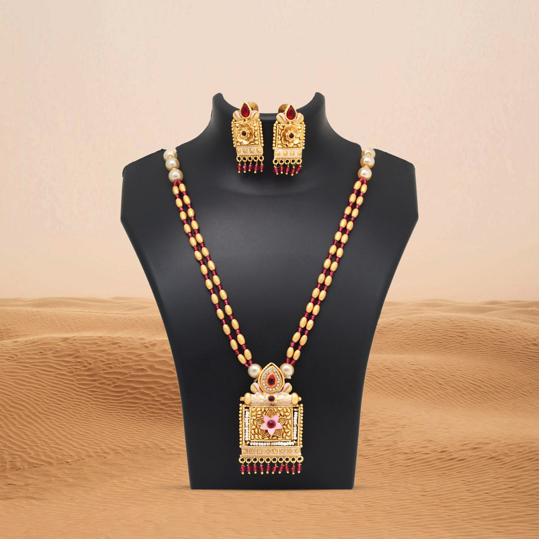 Rani Color Meena Work Matte Gold Rajwadi Temple Necklace Set (TPLN691RNI) - Preyans.com