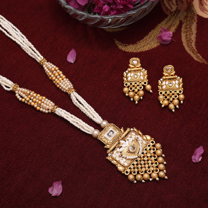 Gold Color Meena Work Matte Gold Rajwadi Temple Necklace Set (TPLN692GLD) - Preyans.com