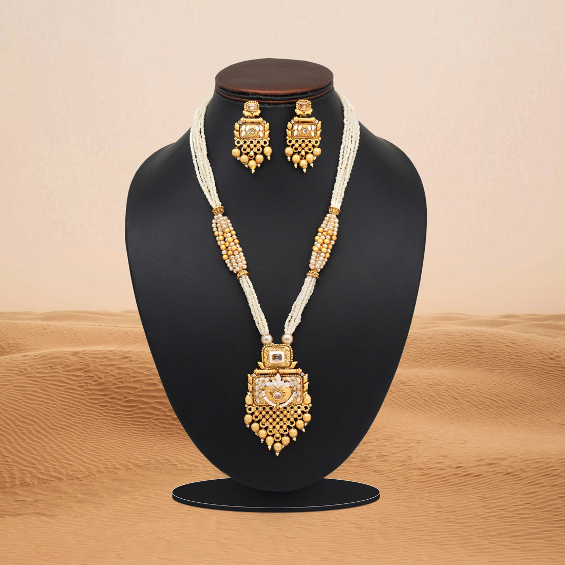 Gold Color Meena Work Matte Gold Rajwadi Temple Necklace Set (TPLN692GLD) - Preyans.com