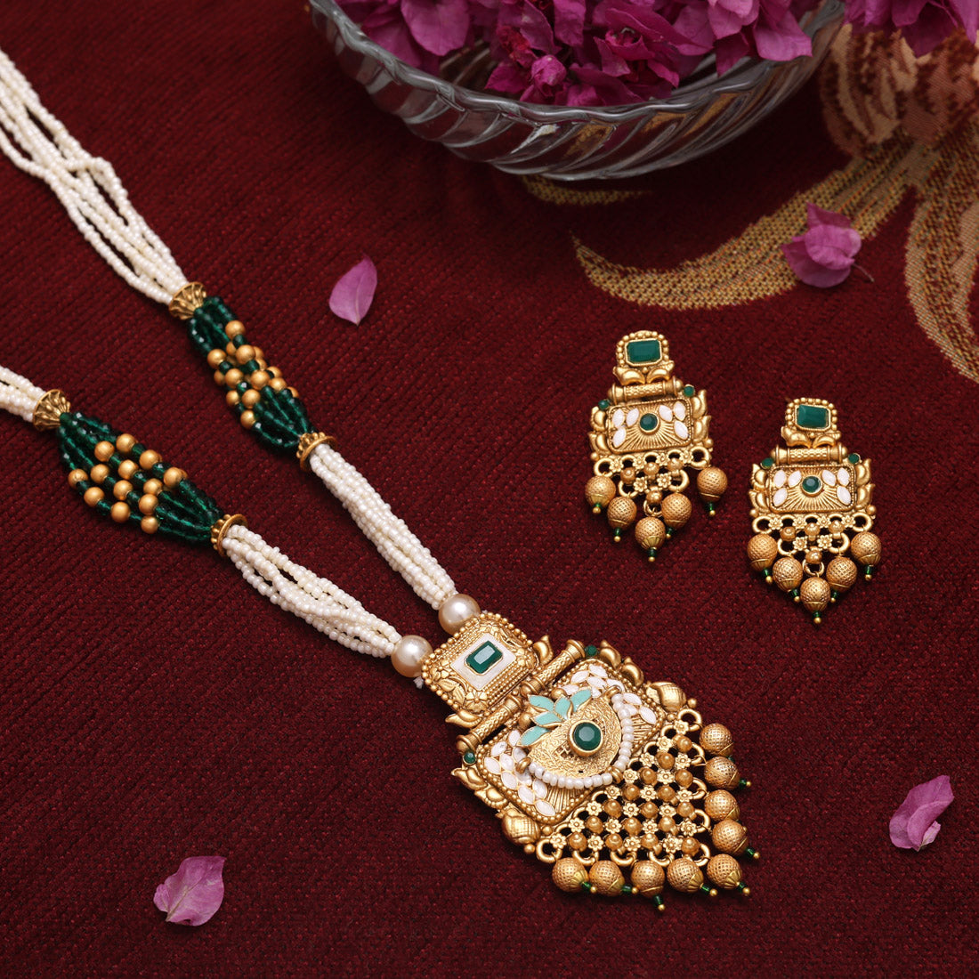 Green Color Meena Work Matte Gold Rajwadi Temple Necklace Set (TPLN692GRN) - Preyans.com