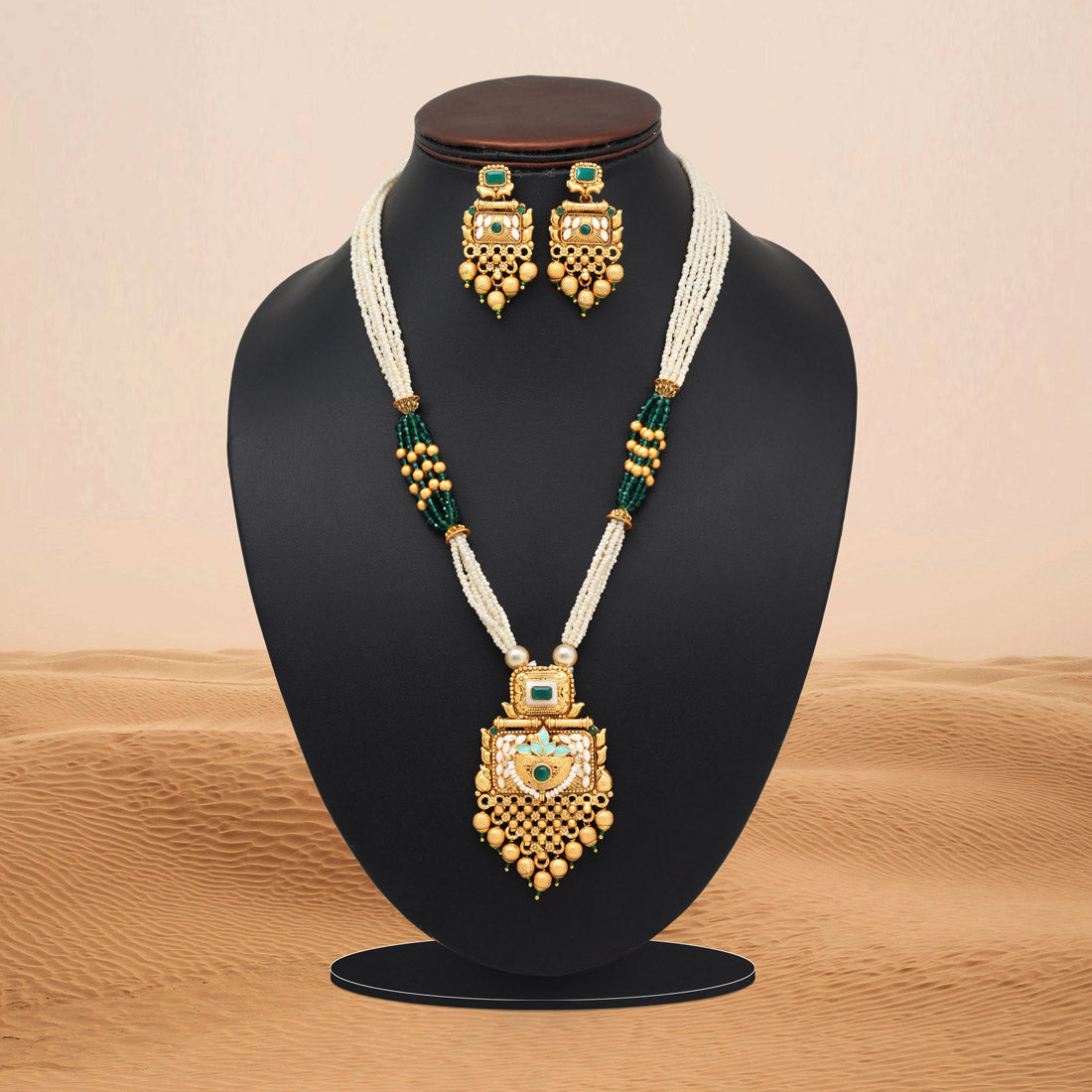 Green Color Meena Work Matte Gold Rajwadi Temple Necklace Set (TPLN692GRN) - Preyans.com