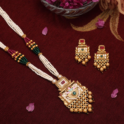 Rani & Green Color Meena Work Matte Gold Rajwadi Temple Necklace Set (TPLN692RNIGRN) - Preyans.com