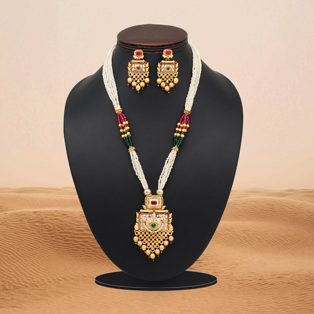 Rani & Green Color Meena Work Matte Gold Rajwadi Temple Necklace Set (TPLN692RNIGRN) - Preyans.com